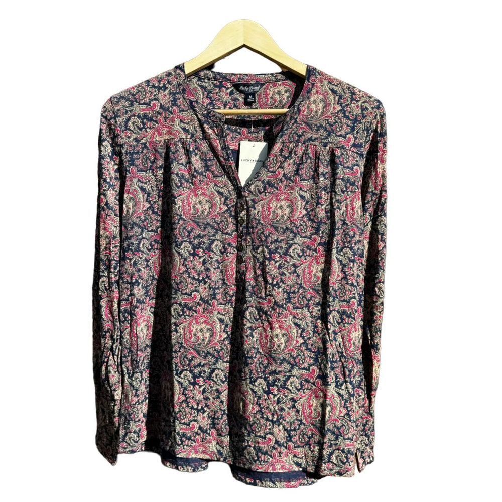 Lucky Brand Women Pink Blue Paisley Floral V-Neck Long Sleeve Blouse Size Medium